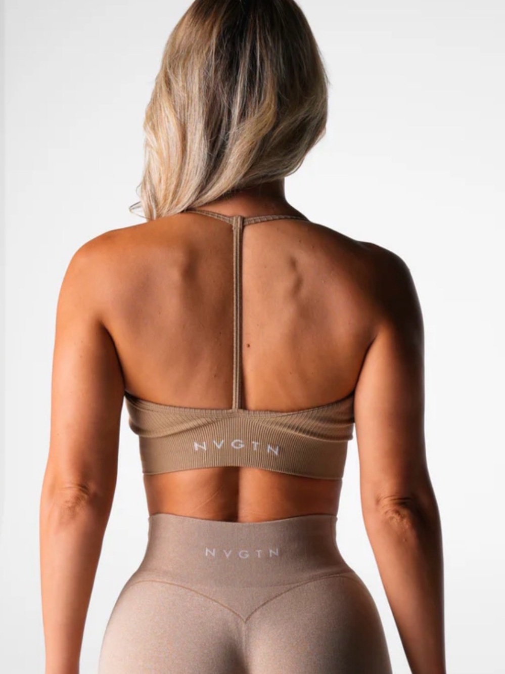 NVGTN Ribbed T-Back Seamless Sports Bra in Beige